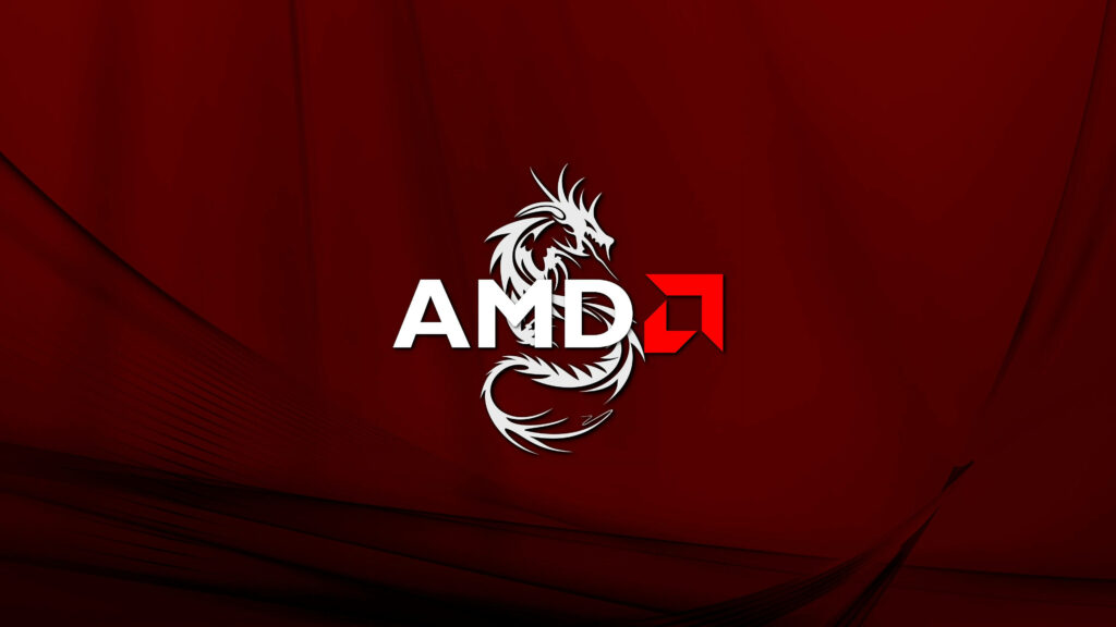 AMD logo with bold white dragon on deep maroon background striking wallpaper design