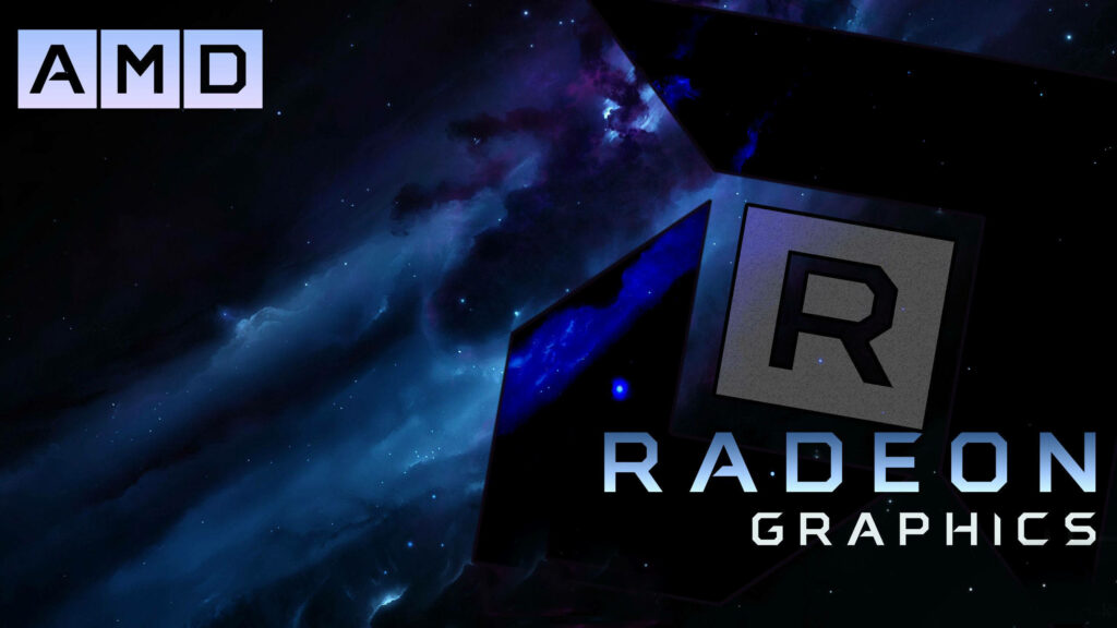 AMD Radeon Graphics logo on cosmic blue purple background high performance visual tech wallpaper