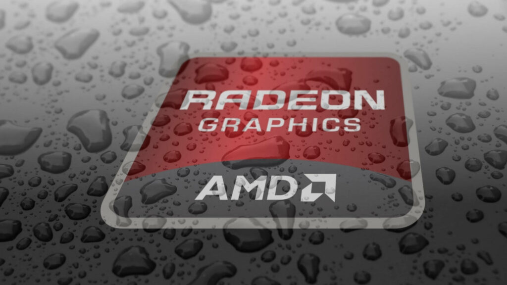 AMD Radeon Graphics logo on metallic surface with realistic water droplets 4K wallpaper background