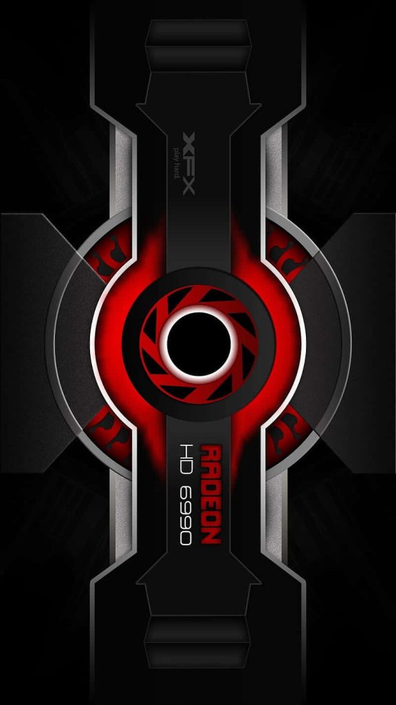AMD Radeon HD 6990 XFX digital wallpaper with industrial metallic panels and glowing red fan background