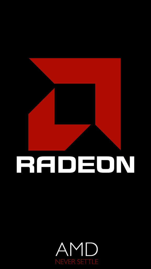 Bold wallpaper with red Radeon logo AMD branding and Never Settle phrase on black background