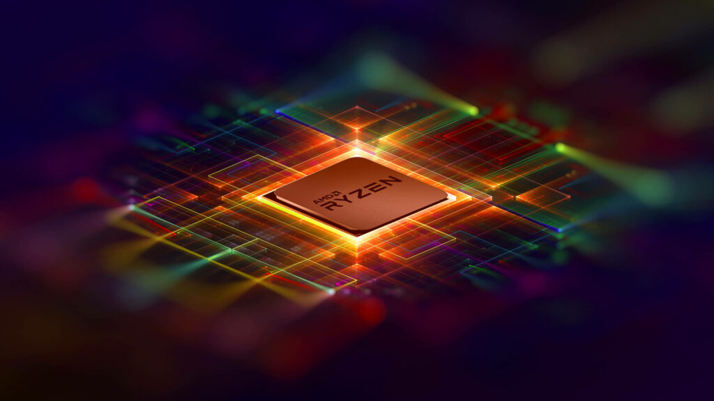 AMD Ryzen processor 4K wallpaper with glowing circuits and colorful digital technology effects