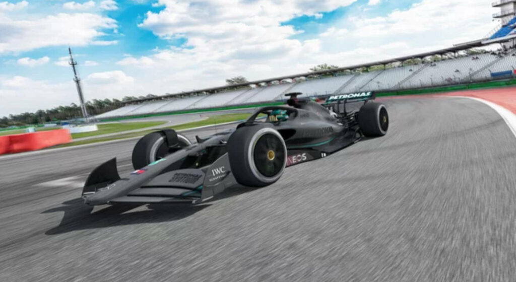 AMG F1 car racing on vibrant track under bright blue sky 4k wallpaper background speed thrill