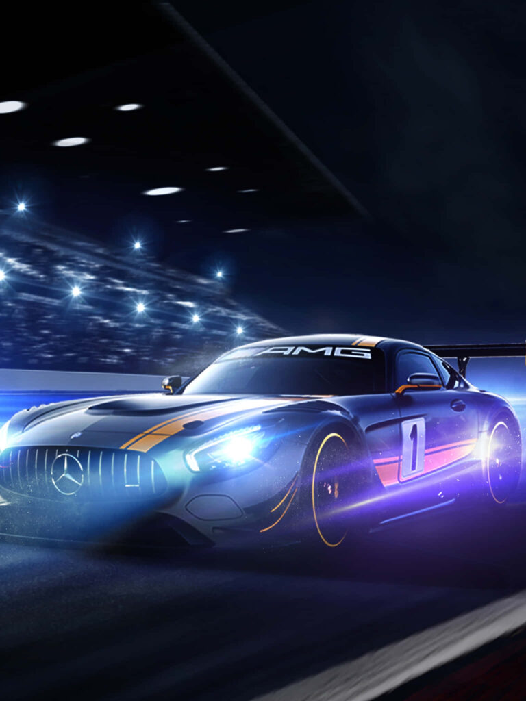 AMG GT-R racing car speeding under bright stadium lights dynamic Android wallpaper background