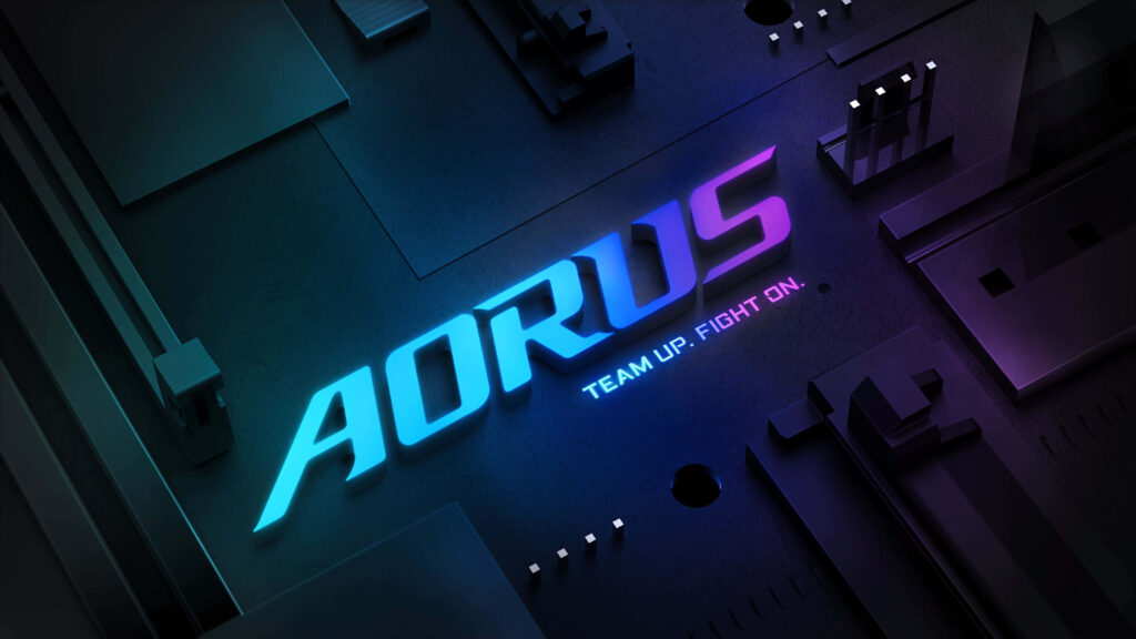 AORUS logo in blue and purple on futuristic circuit board wallpaper high performance gaming tech