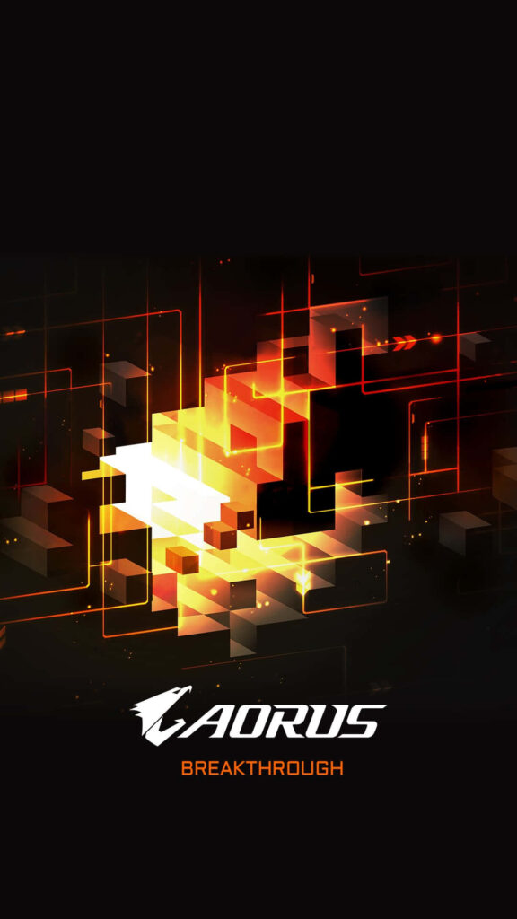 AORUS Breakthrough abstract art wallpaper with fiery orange geometric shapes and futuristic design