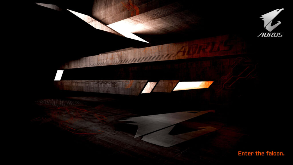 AORUS Falcon entrance dark abstract wallpaper with geometric lighting and metallic industrial design