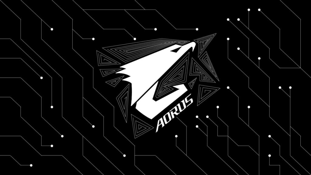 AORUS logo in white on black background with geometric circuit lines modern tech wallpaper