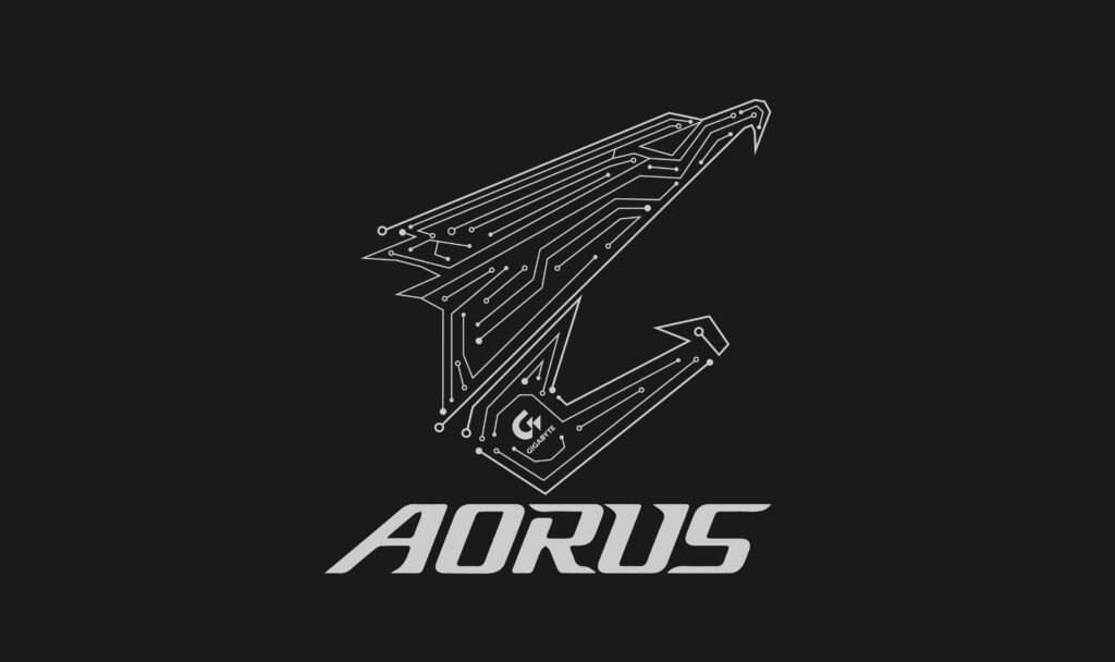 AORUS logo with futuristic circuit design on black background modern tech wallpaper