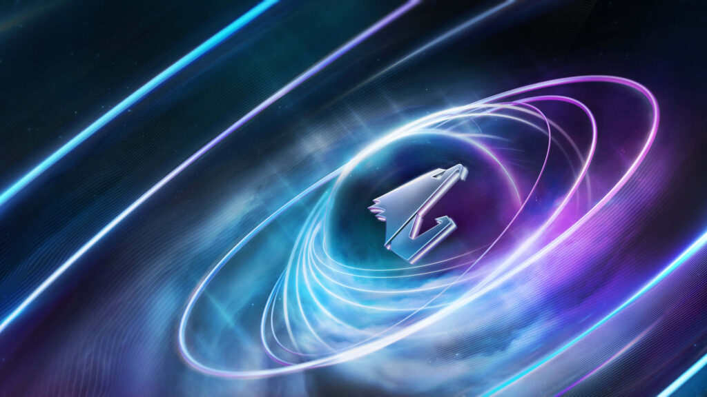 AORUS logo centered with dynamic energy waves and glowing neon rings futuristic wallpaper background