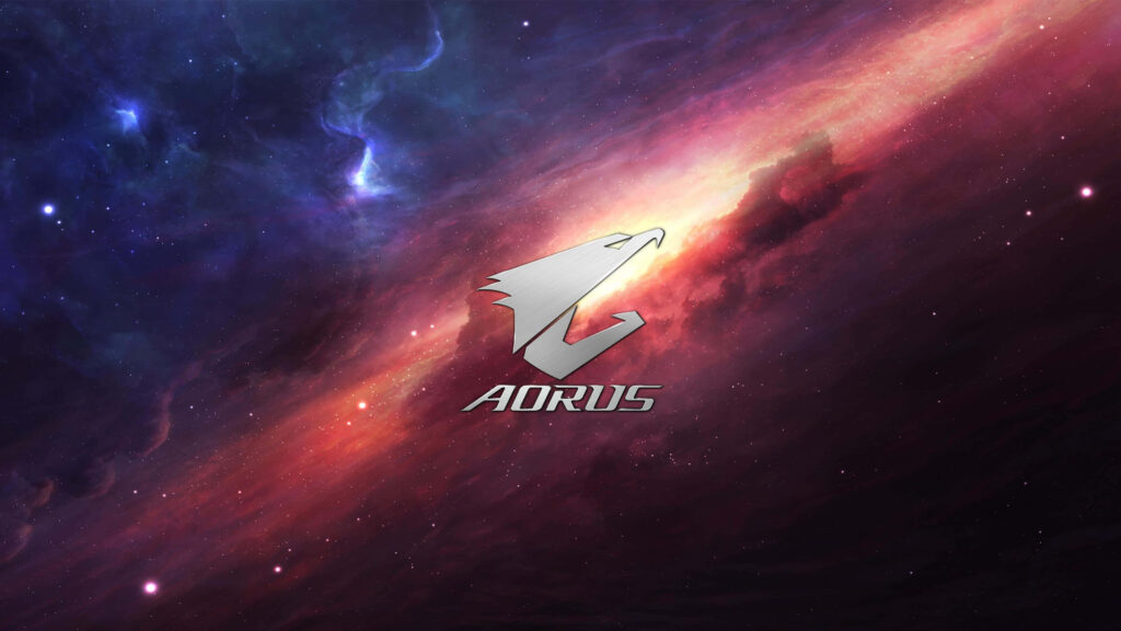 AORUS logo on vibrant galactic wallpaper with swirling nebulae and cosmic colorful background