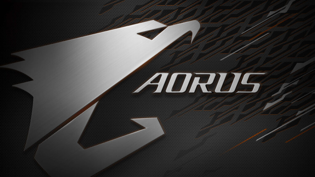 AORUS logo wallpaper with textured dark metallic background and dynamic modern design elements