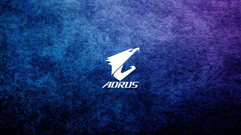 AORUS logo centered on textured gradient wallpaper transitioning from deep blue to vibrant purple
