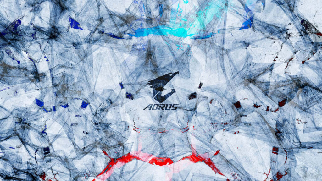 AORUS logo centered on dynamic blue and red abstract art with textured light background wallpaper