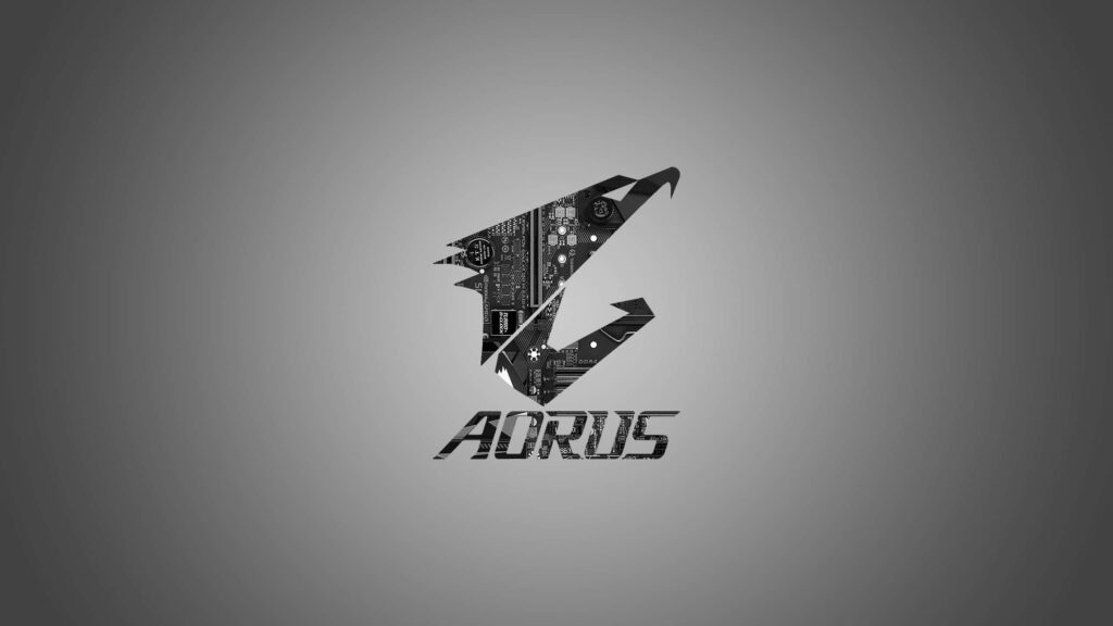 AORUS logo with sleek circuit design on smooth grey gradient background wallpaper