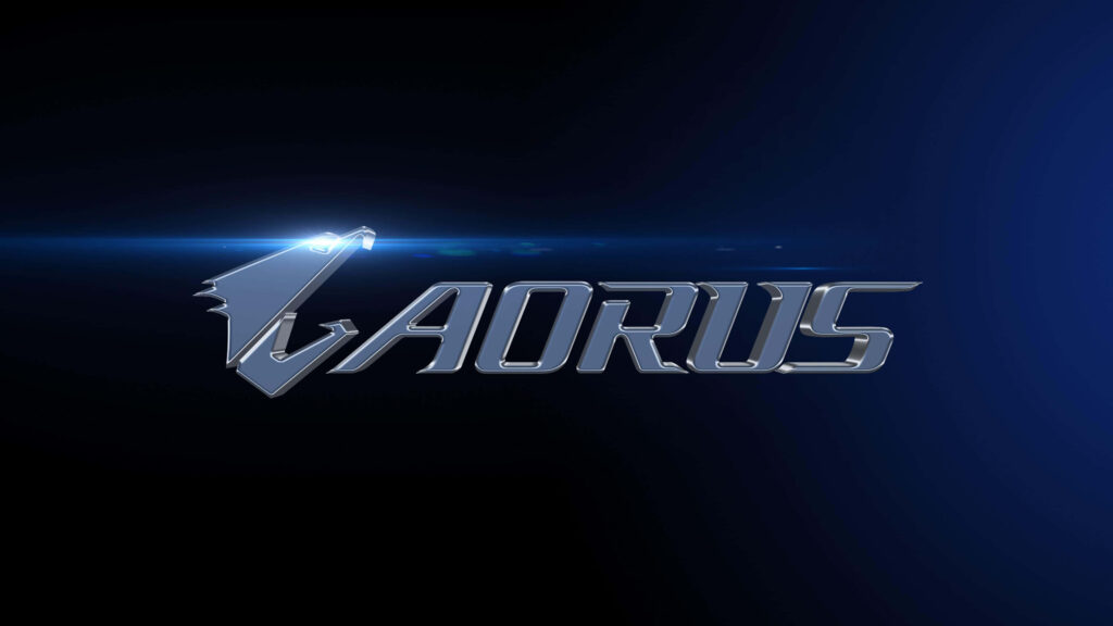 AORUS logo metallic finish on dark sleek background bold futuristic tech wallpaper design