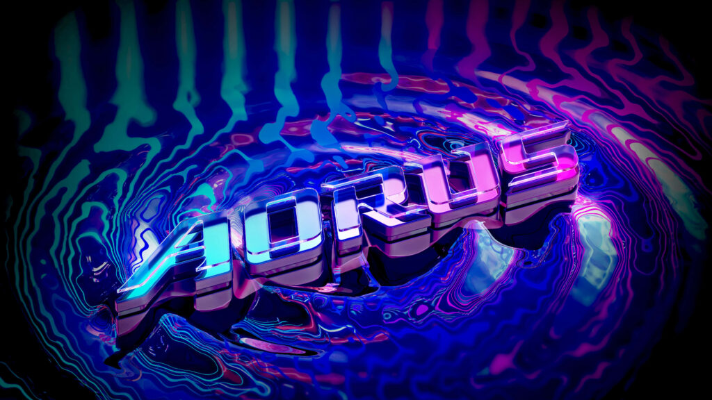 AORUS logo metallic finish wallpaper with blue purple water ripple effects futuristic background