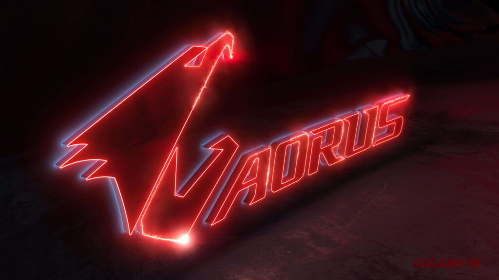 AORUS neon eagle logo glowing red and blue on dark textured futuristic wallpaper background