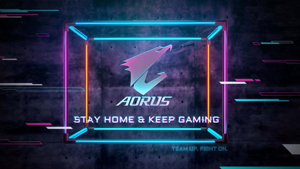 AORUS Stay Home Keep Gaming wallpaper neon frame AORUS logo dark textured background gaming