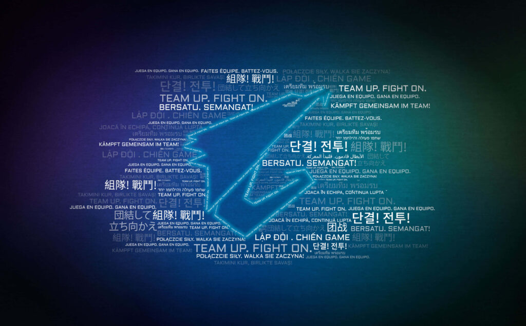 AORUS wallpaper with glowing logo and Team Up Fight On slogan in multiple languages background