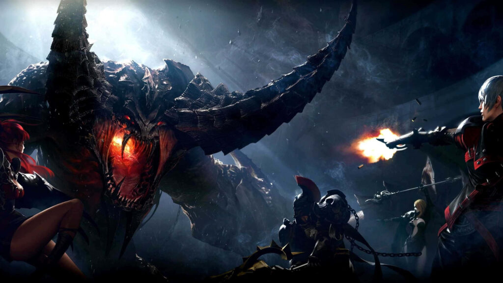Intense ARK Survival battle scene with armed survivors fighting massive horned creature dark background Wallpaper