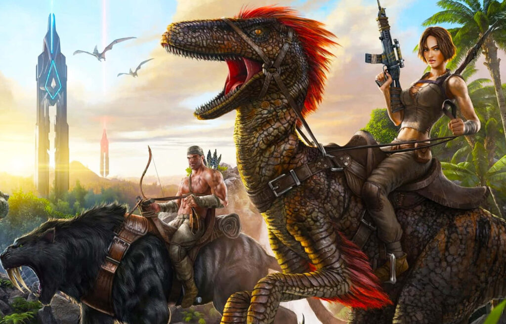 Two armed survivors ride raptor and saber-toothed tiger in lush ARK Survival prehistoric landscape Wallpaper