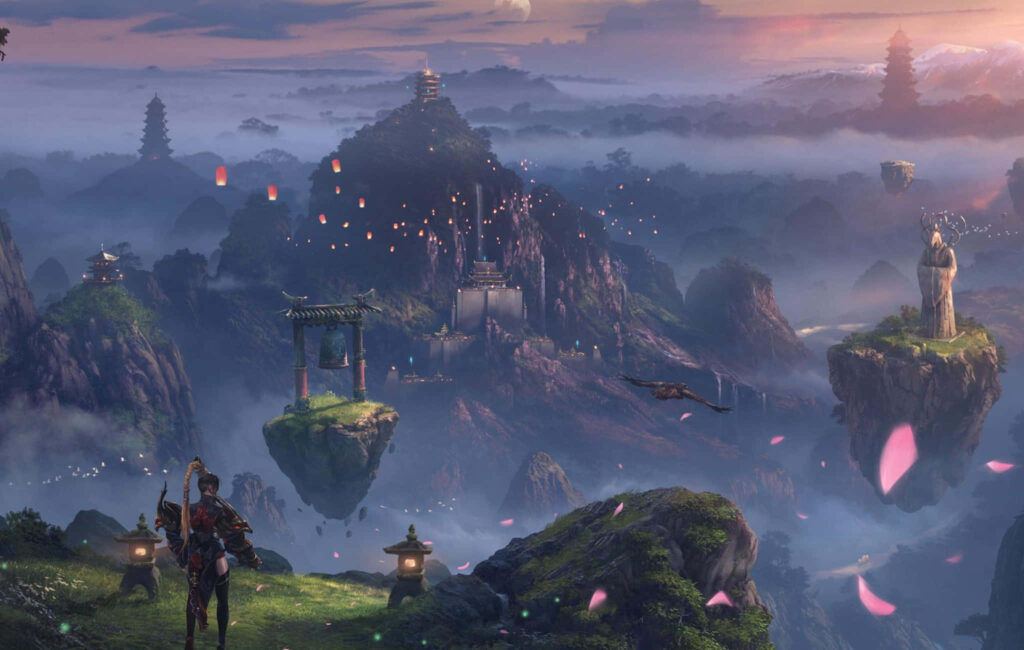 Fantasy ARK Survival landscape with floating islands ancient temples sakura petals at dusk Wallpaper