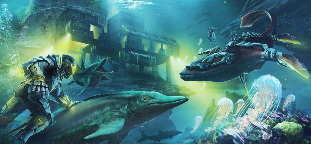 ARK Survival underwater scene armored divers prehistoric creatures futuristic subs wallpaper