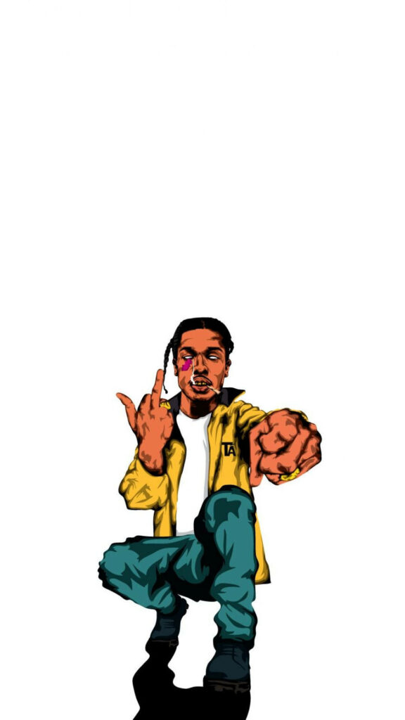 Cartoon wallpaper of A$AP Rocky in yellow jacket and green pants on minimalist white background