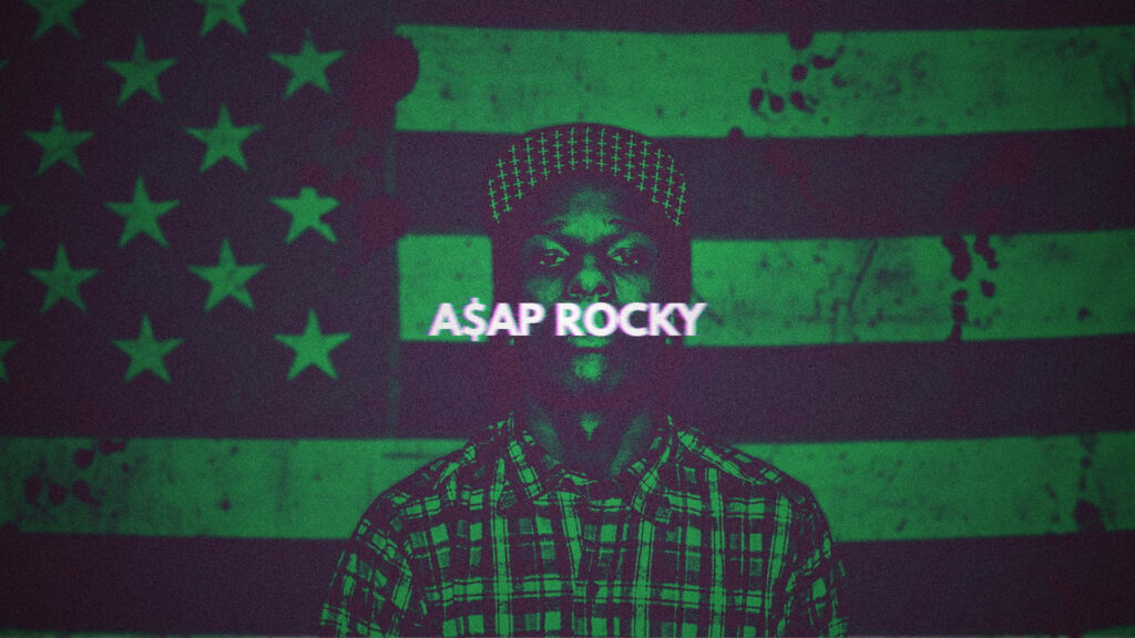 A$AP Rocky posing with stylized green American flag and bold name wallpaper background