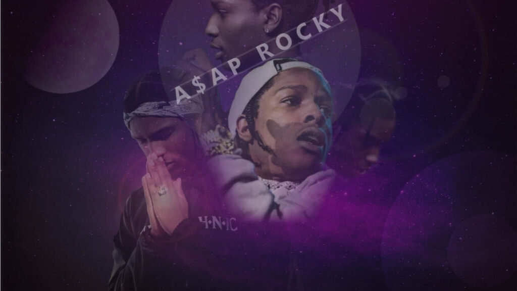 ASAP Rocky purple collage wallpaper with cosmic background showcasing his unique style and presence