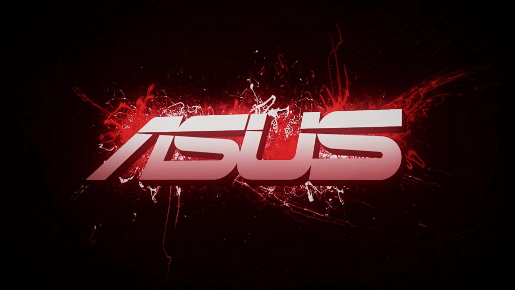 ASUS logo wallpaper with bold red and white splashes on dark dramatic background for fans