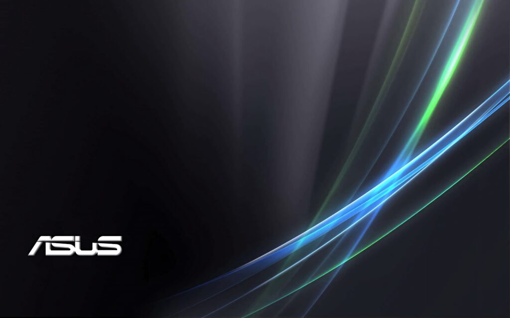 ASUS logo on dark background with blue and green light streaks modern wallpaper design