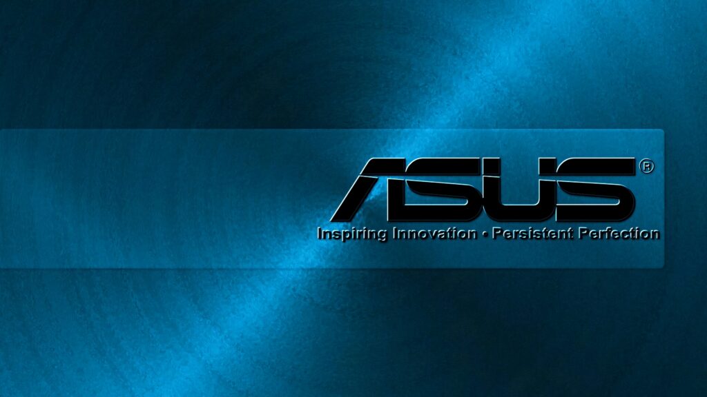 ASUS logo with Inspiring Innovation Persistent Perfection on sleek blue textured wallpaper background