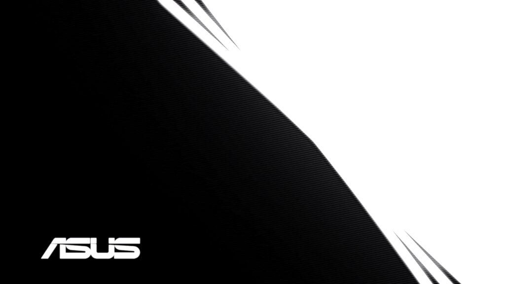 ASUS wallpaper with sleek black and white diagonal split and prominent logo in lower left corner