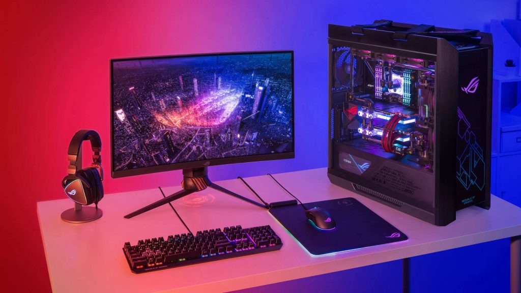 ASUS ROG gaming setup with red blue lights desktop keyboard monitor futuristic cityscape wallpaper