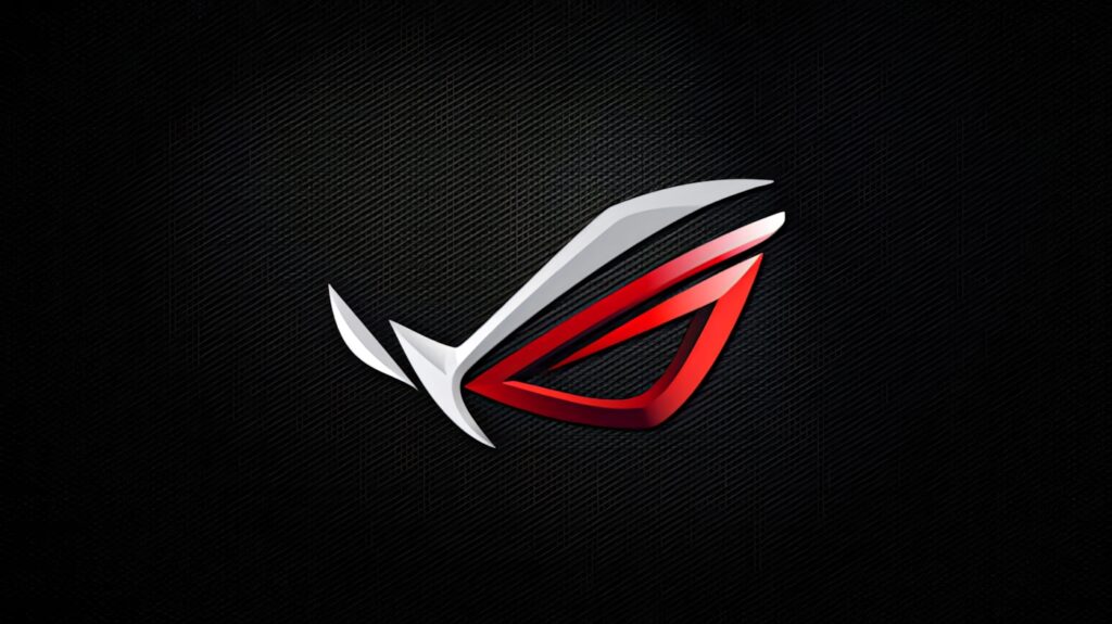 ASUS ROG logo in red white and silver on textured black mesh gaming wallpaper background