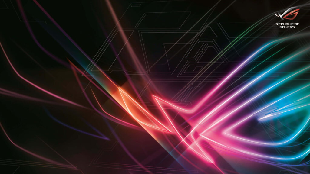ASUS ROG wallpaper with vibrant neon light trails and Republic of Gamers logo for gamers