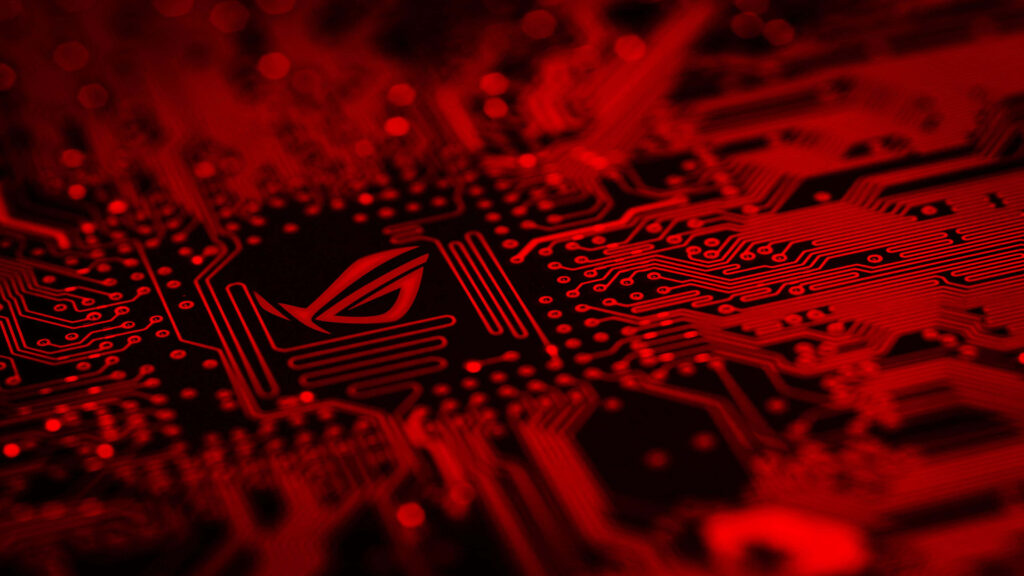 ASUS ROG wallpaper vivid red circuit board design high performance gaming background image