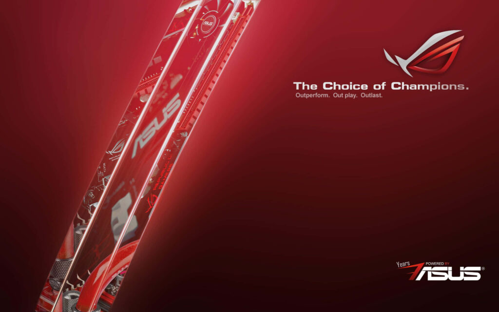 ASUS ROG wallpaper with bold red background ROG logo and The Choice of Champions slogan