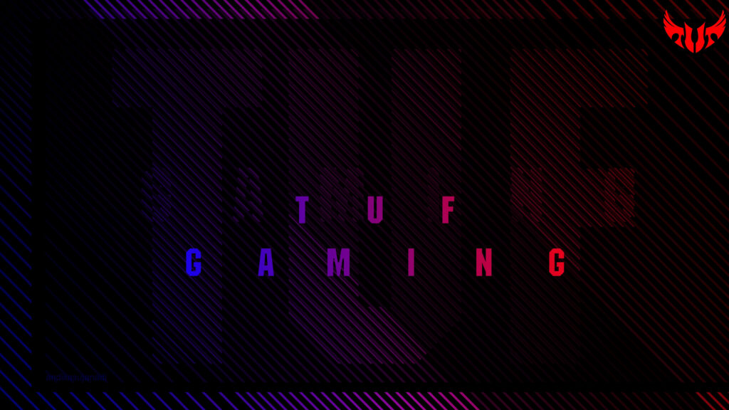 ASUS TUF Gaming logo wallpaper with vibrant red purple lights and dynamic diagonal lines background