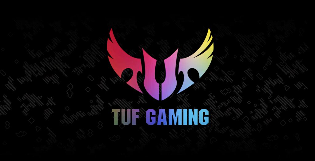 ASUS TUF Gaming logo with vibrant gradient on dark patterned background wallpaper for gamers