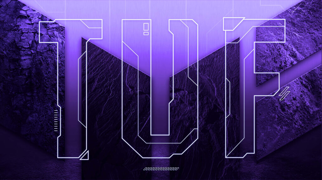 ASUS TUF Gaming wallpaper with bold futuristic lettering on textured purple high-performance background