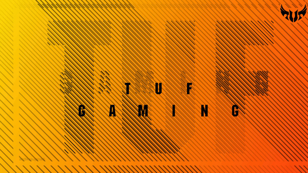 ASUS TUF Gaming wallpaper with bold branding and vibrant orange yellow diagonal stripes background