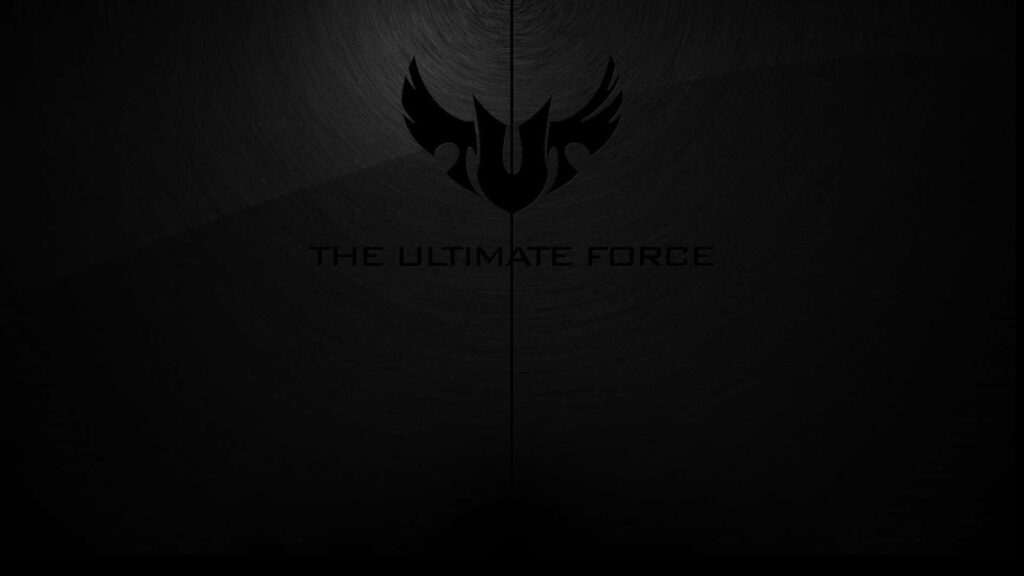 ASUS TUF Ultimate Force logo centered on dark textured wallpaper background bold modern design