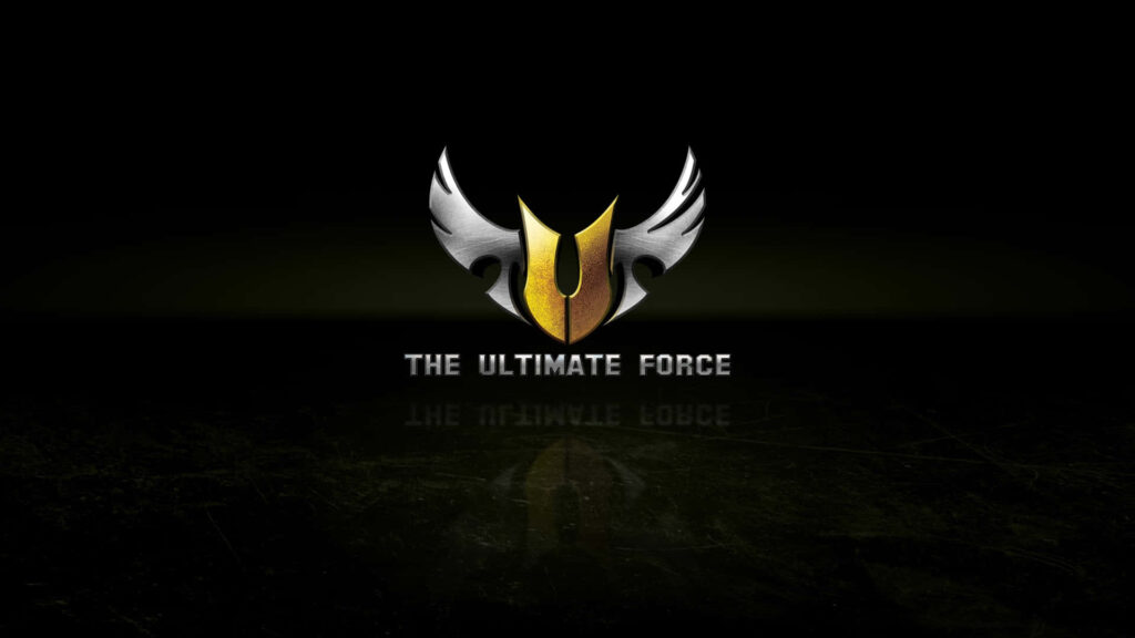 ASUS TUF The Ultimate Force logo metallic silver gold on dark background emphasizing strength Wallpaper