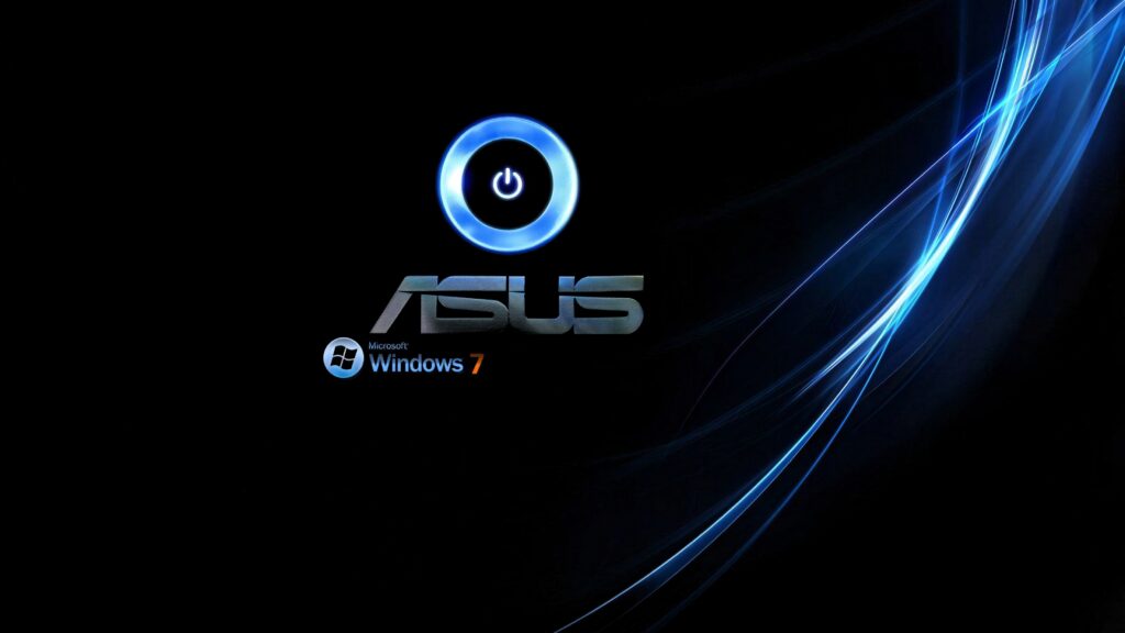 ASUS wallpaper with glowing power button blue light trails and Windows 7 logo on black background