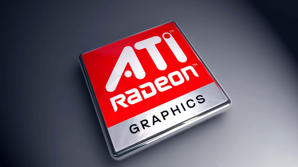 Close-up of ATI Radeon Graphics logo on sleek modern 4K wallpaper background AMD GPU