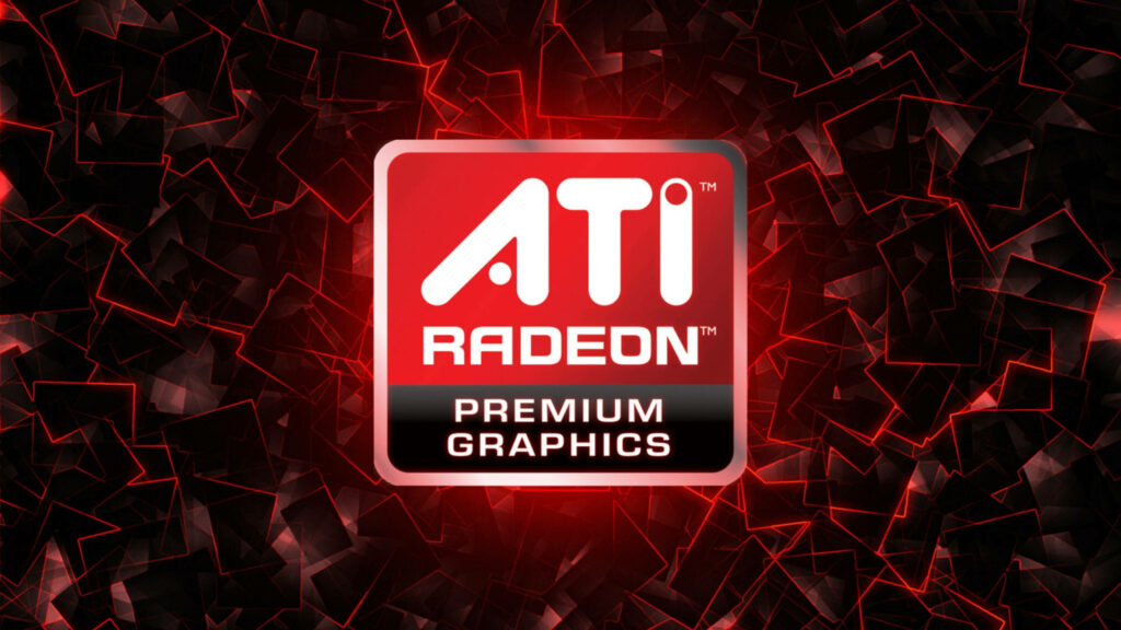 ATI Radeon Premium Graphics logo with glowing red geometric shapes 4k wallpaper background