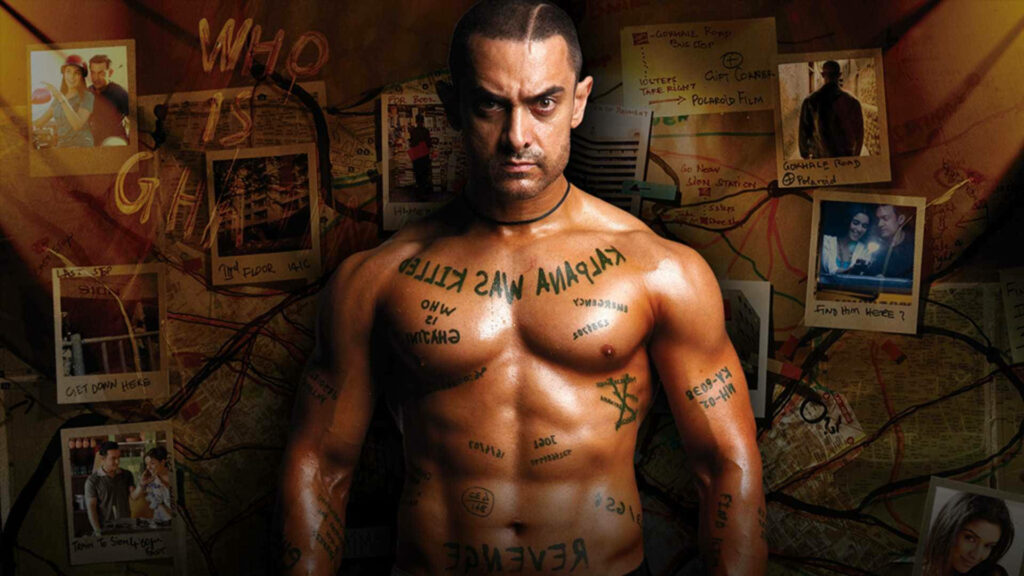 Aamir Khan shirtless intense Ghajini movie poster with clues and photos background wallpaper